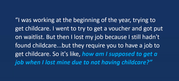 "I was working at the beginning of the year, trying to get childcare. I went to try to get a voucher and got put on a waitlist. But then I lost my job because I still hadn't found childcare...but they require you to have a job to get childcare. So, it's like, how am I supposed to get a job when I lost mine due to not having childcare?"
